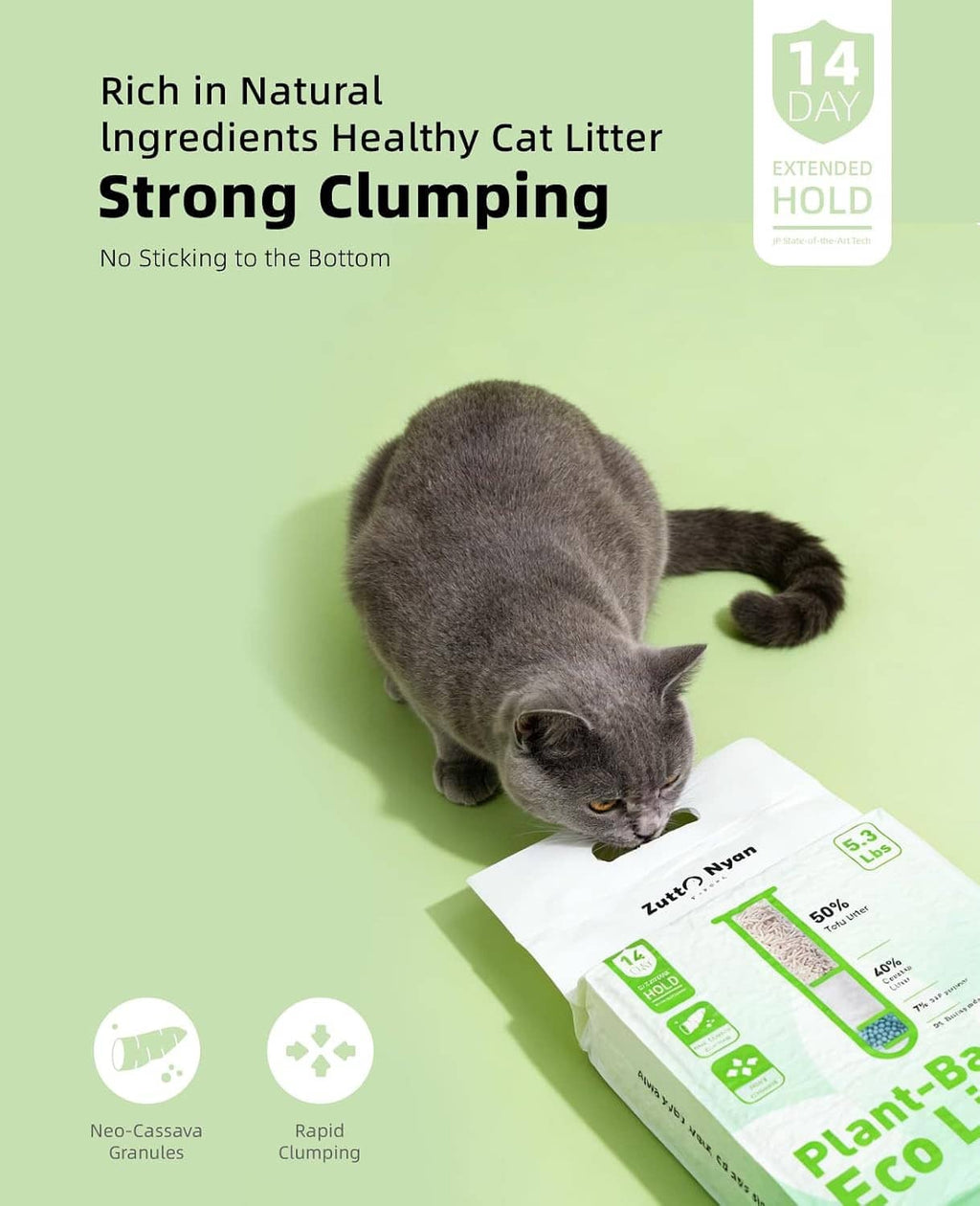 Gray cat sniffing plant-based eco litter bag