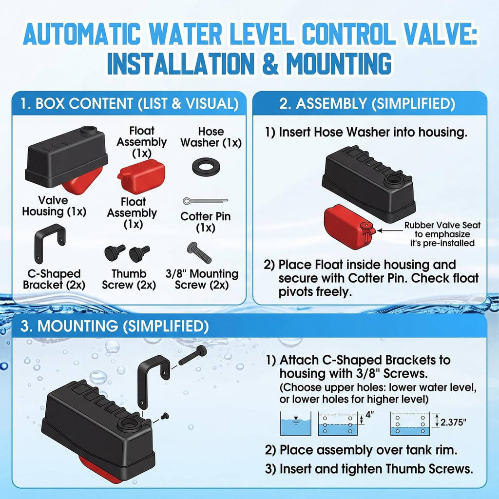 Black float valve installation kit with float assembly, hose washer, and C-mount brackets