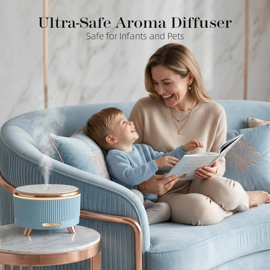 Blue ultrasonic essential oil diffuser with marble-style lid and copper legs for home use.