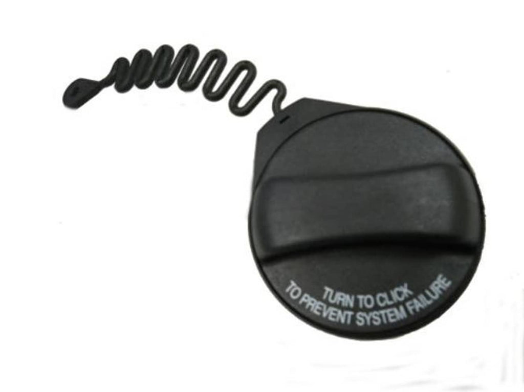 Volvo gas filler cap, round black cover with TURN TO CLICK and fuel system failure warning