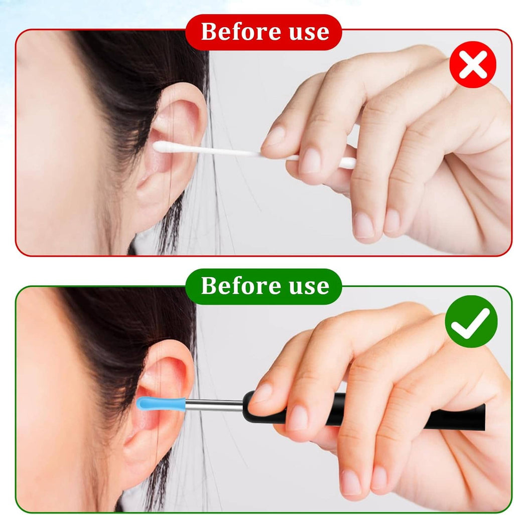 Ear camera wax removal tip on a white stick, shown inserting into an ear canal