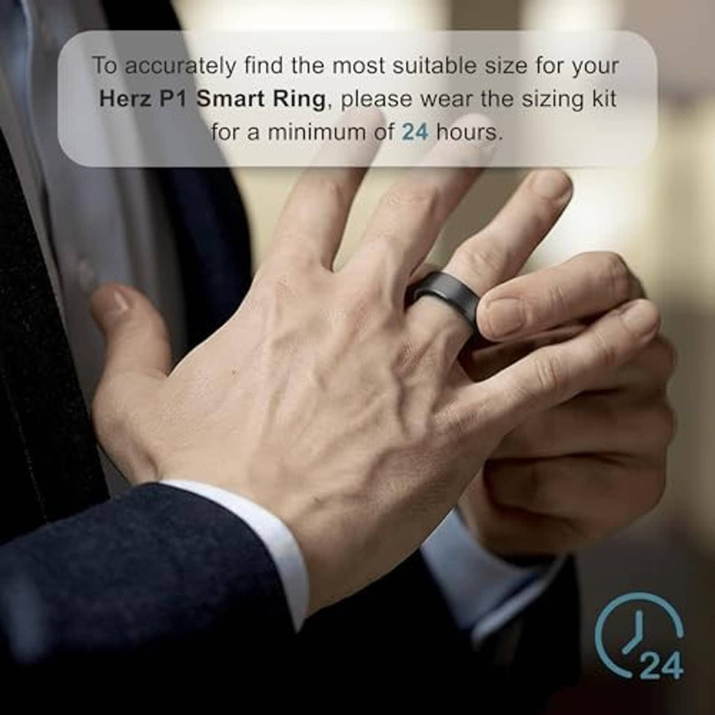 Person adjusting a black ring on finger while wearing a dark suit sleeve