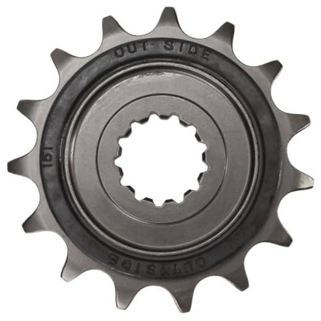 15-tooth motorcycle front sprocket, dark steel with inner splined hub