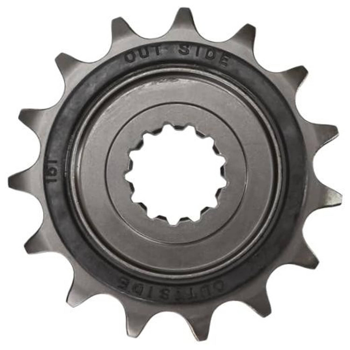 15-tooth motorcycle front sprocket, dark steel with inner splined hub