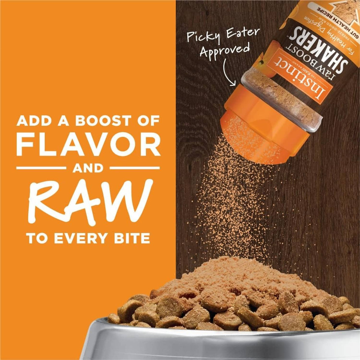 Dog food topper shaker container with freeze-dried bites, shown with orange cap.