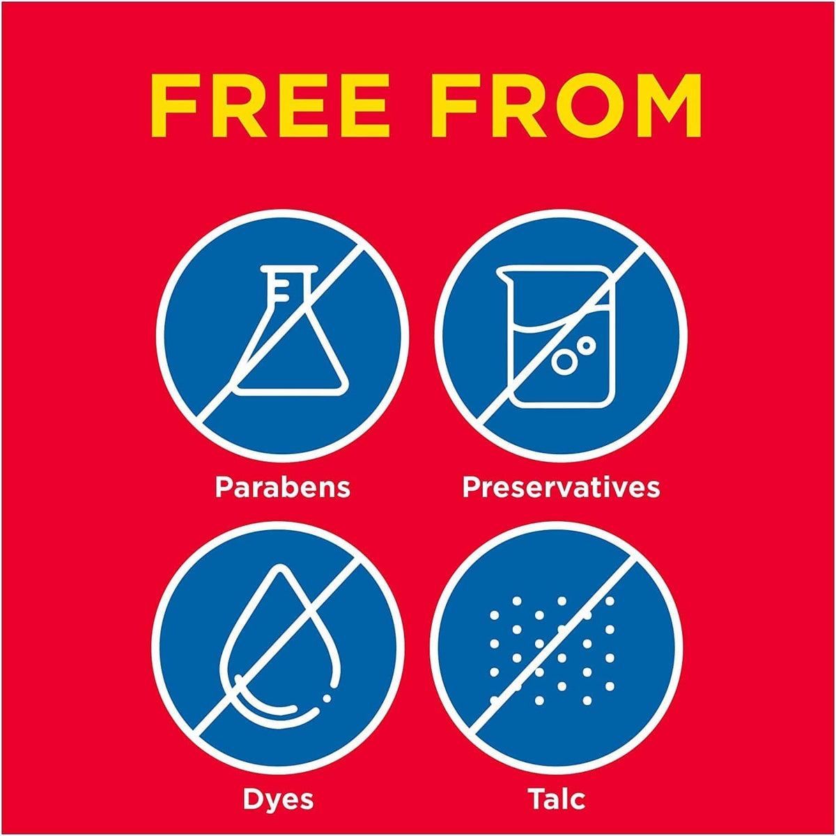 Butt paste label panel: free from parabens, preservatives, dyes, and talc.