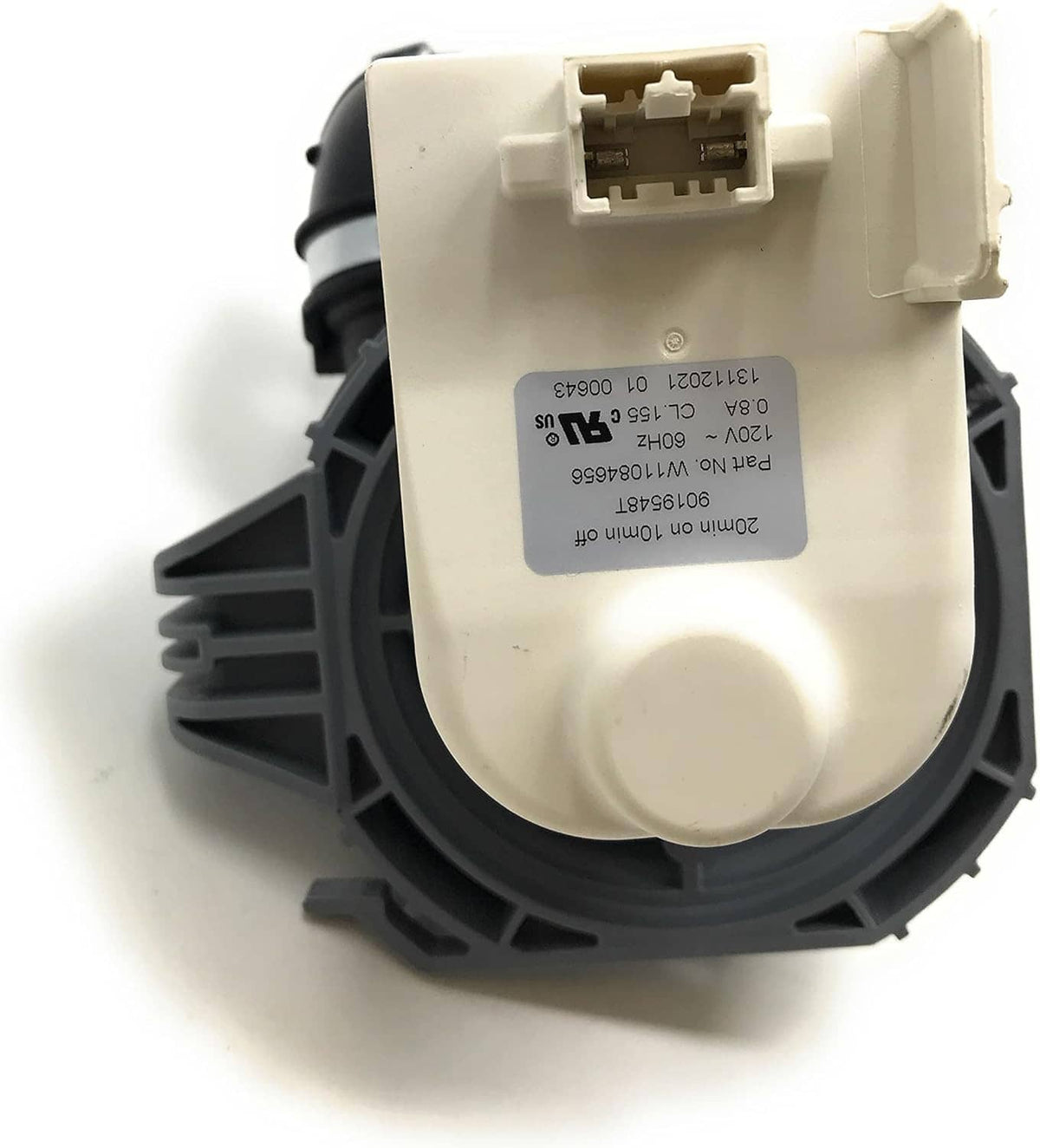 Dishwasher pump with beige housing, wiring connector, and side label plate