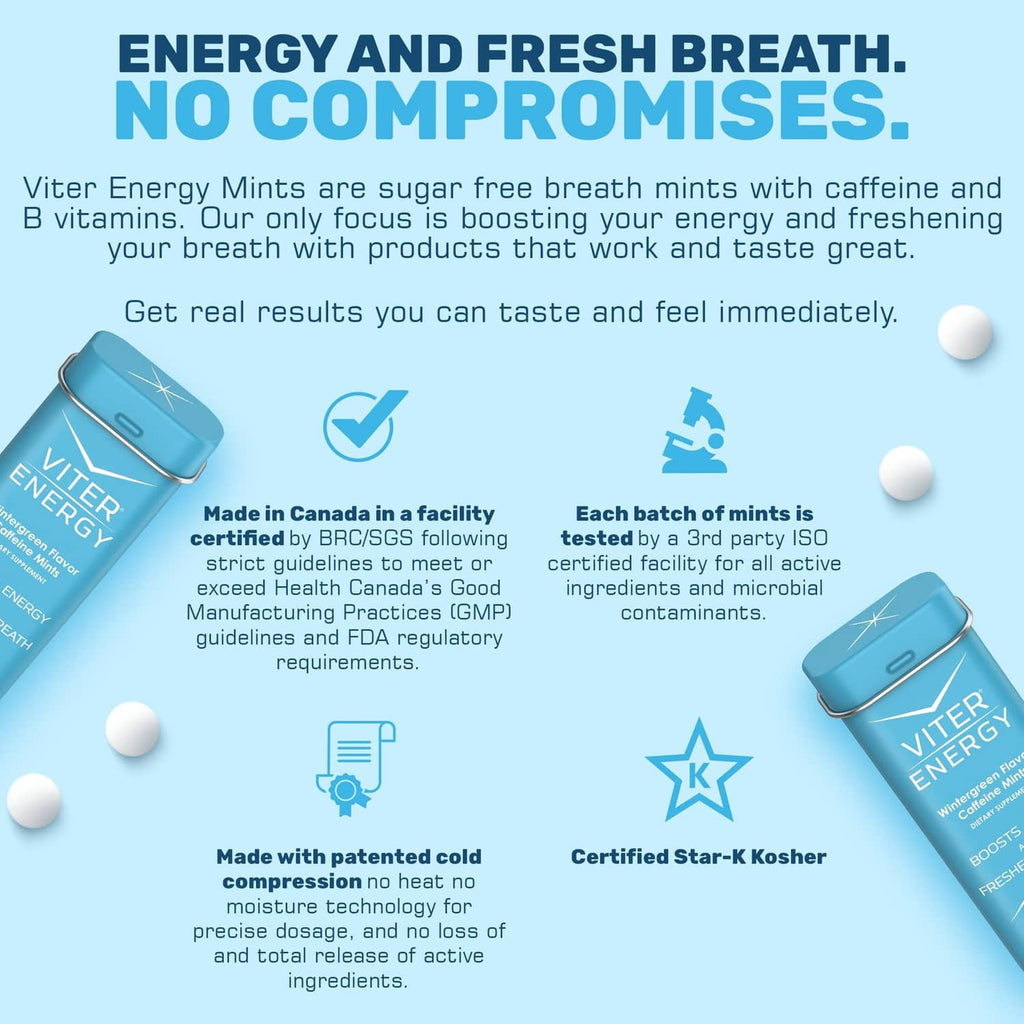 Viter Energy caffeinated mints product pouch and tin with mint tablets