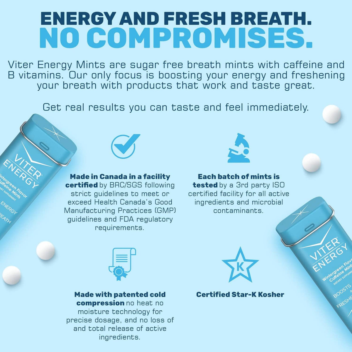 Viter Energy caffeinated mints product pouch and tin with mint tablets
