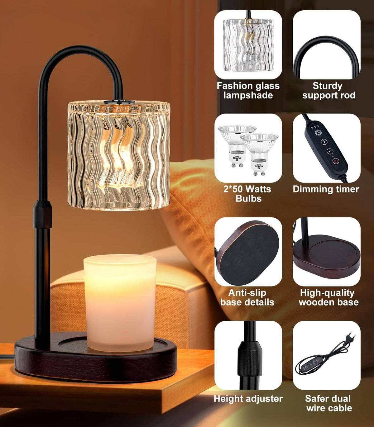 Electric candle warmer lamp with clear wavy glass shade, lit candle, black height-adjust bar