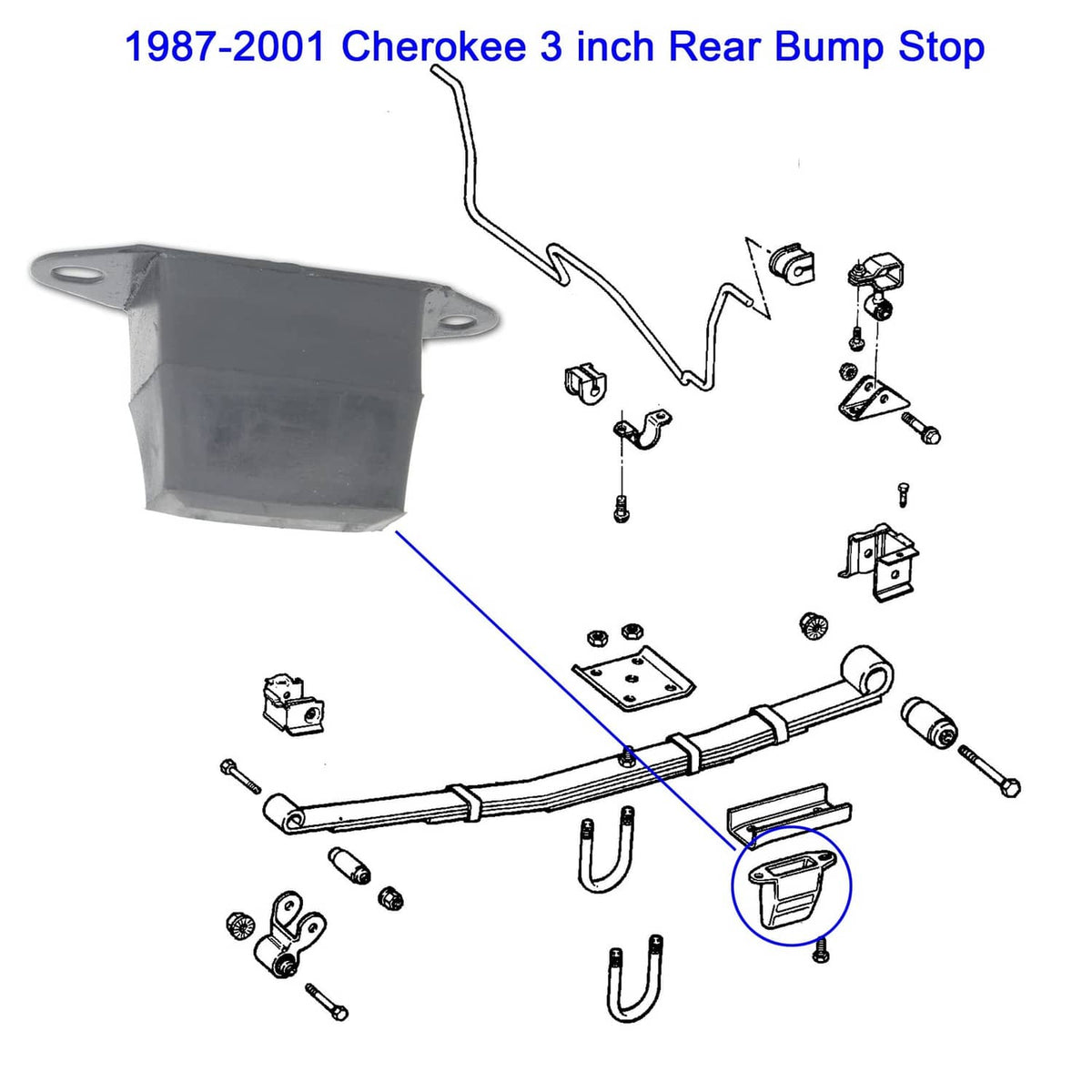 Rear suspension bump stop with mounting hardware diagram and rubber block