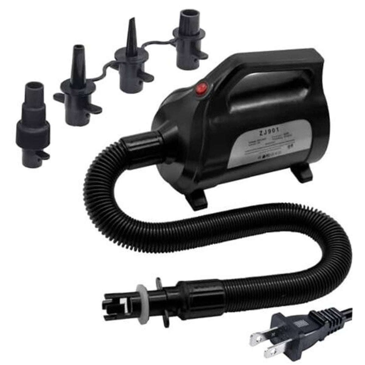 Electric air pump with flexible hose, multi-size nozzles, and power plug