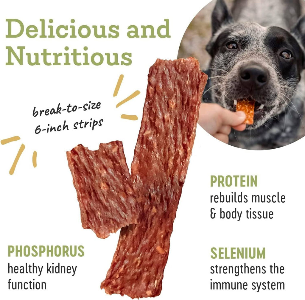 Duck jerky strips product infographic with close-up jerky pieces and key nutrition text