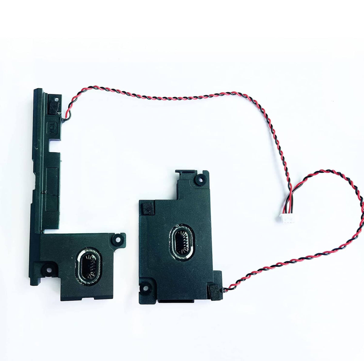 Laptop speaker replacement modules with two black units and attached red/white connector wires