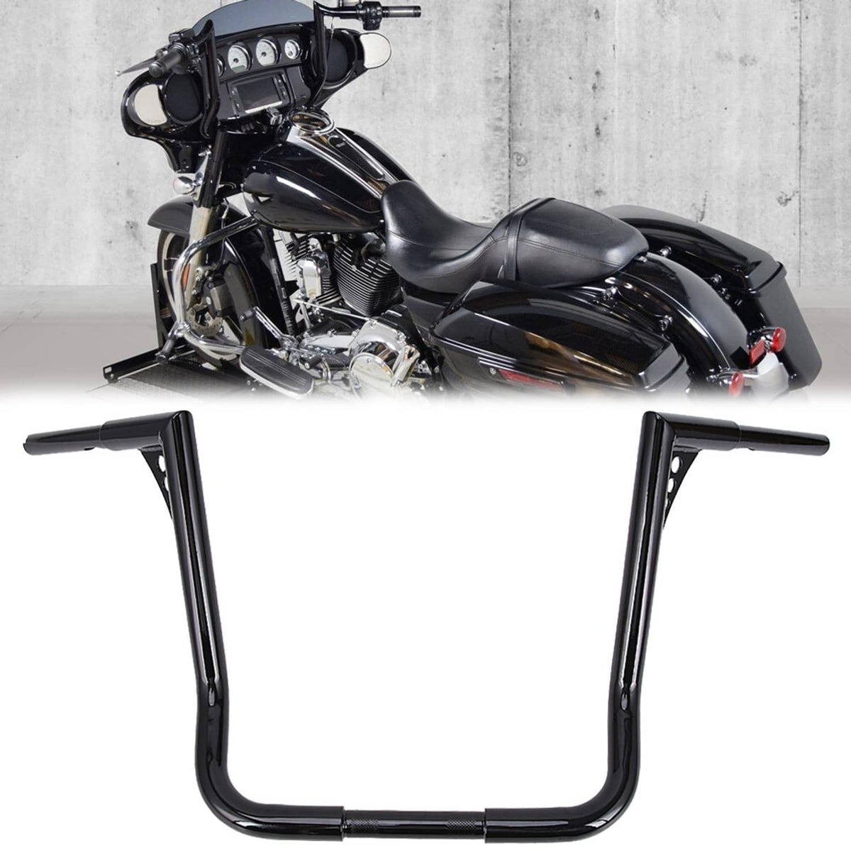 Black U-bend handlebar installed on a touring motorcycle, front view