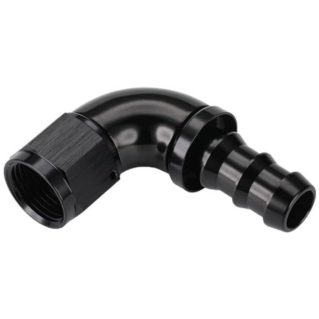 Black 90-degree push-lock hose elbow with female AN port and barbed end