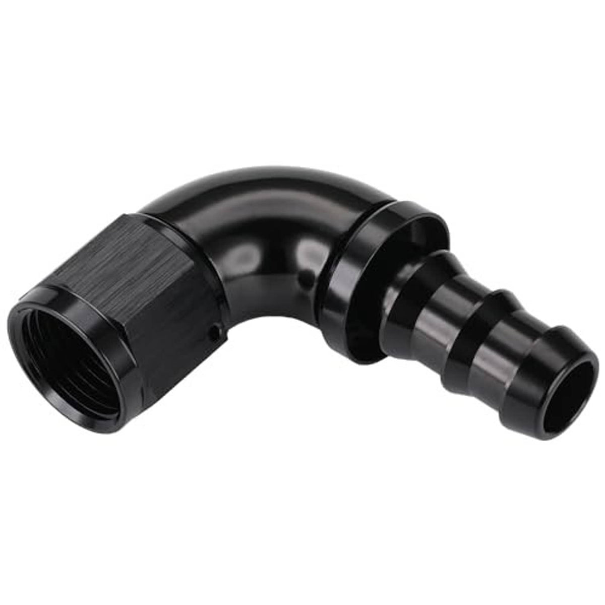 Black 90-degree push-lock hose elbow with female AN port and barbed end