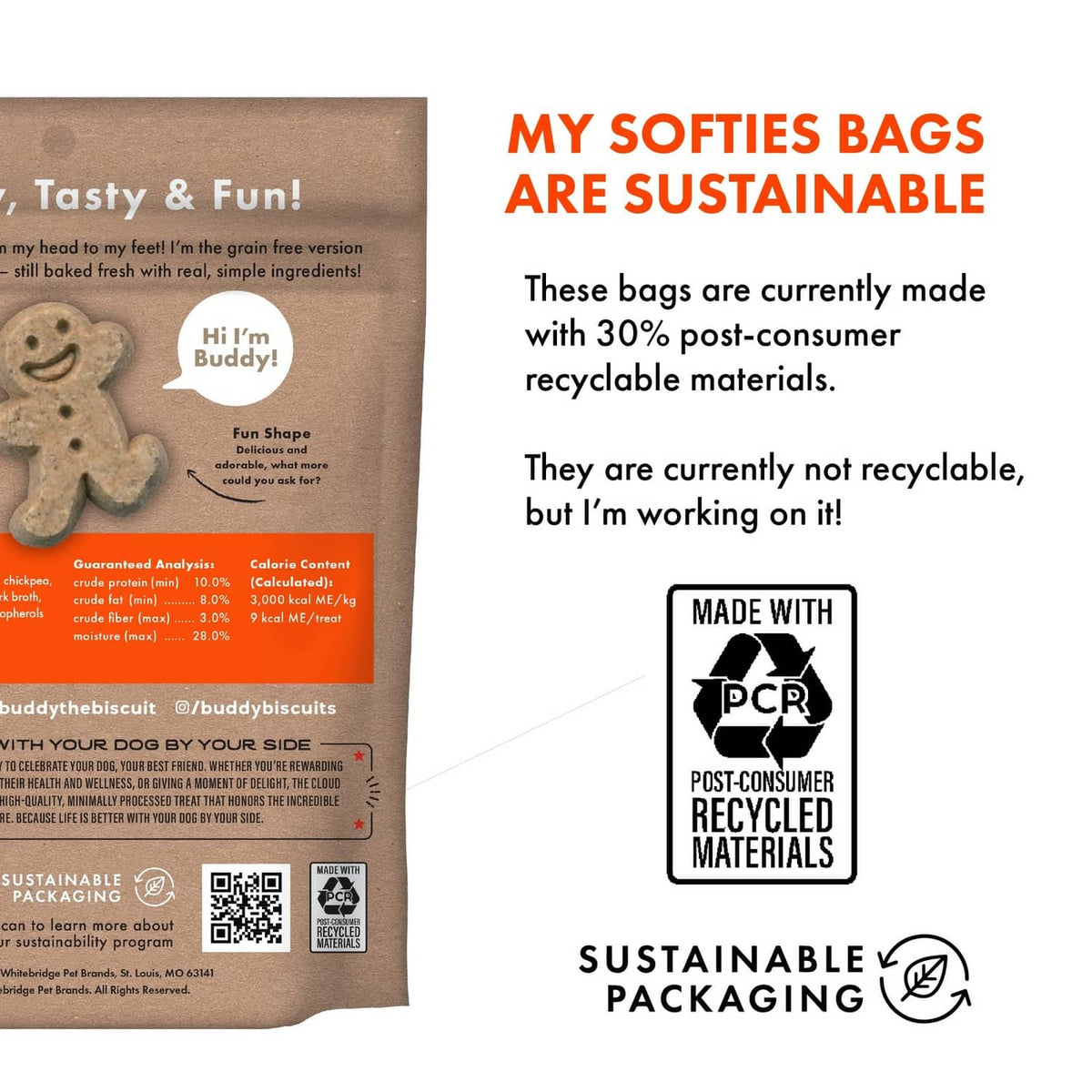 Back label of a dog treat pouch with sustainable packaging information