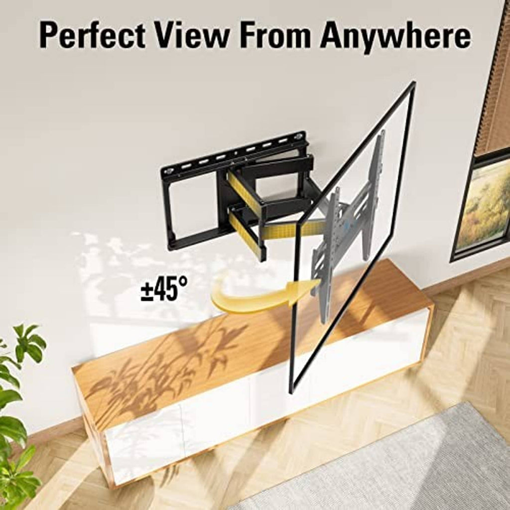 Black TV wall mount pivoting arms supporting flat TV panel
