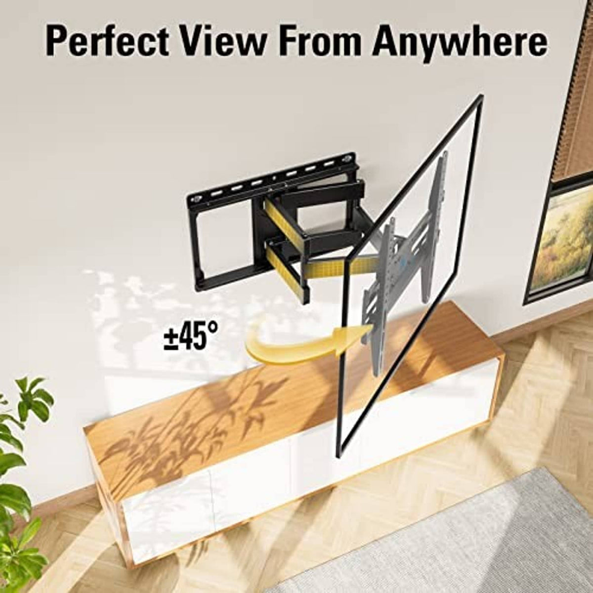Black TV wall mount pivoting arms supporting flat TV panel