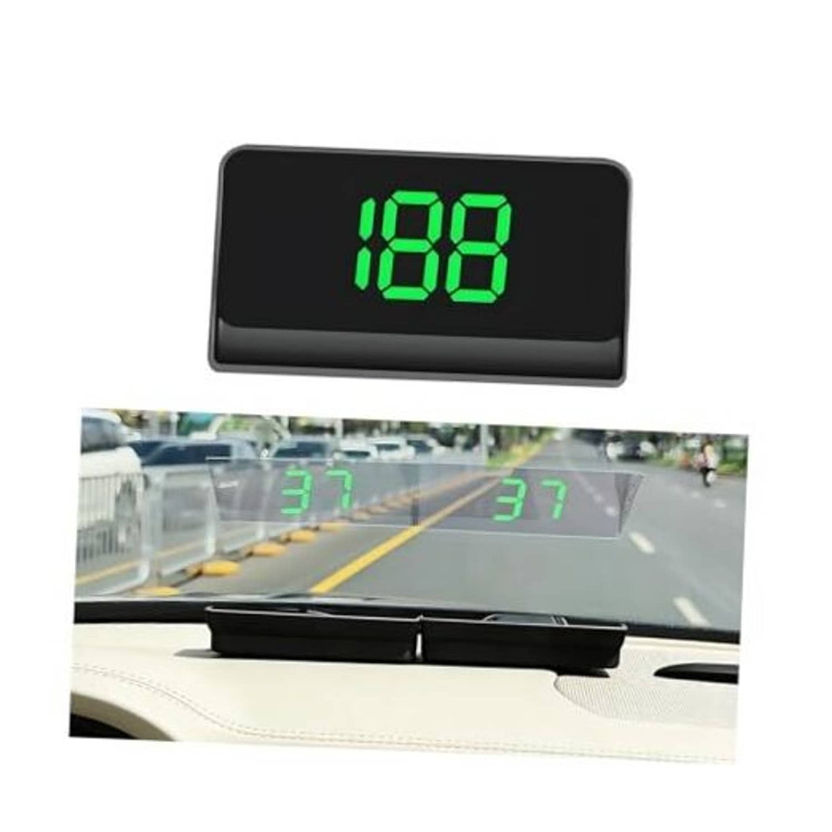 Car head-up display speedometer showing green “188” digits on a black unit