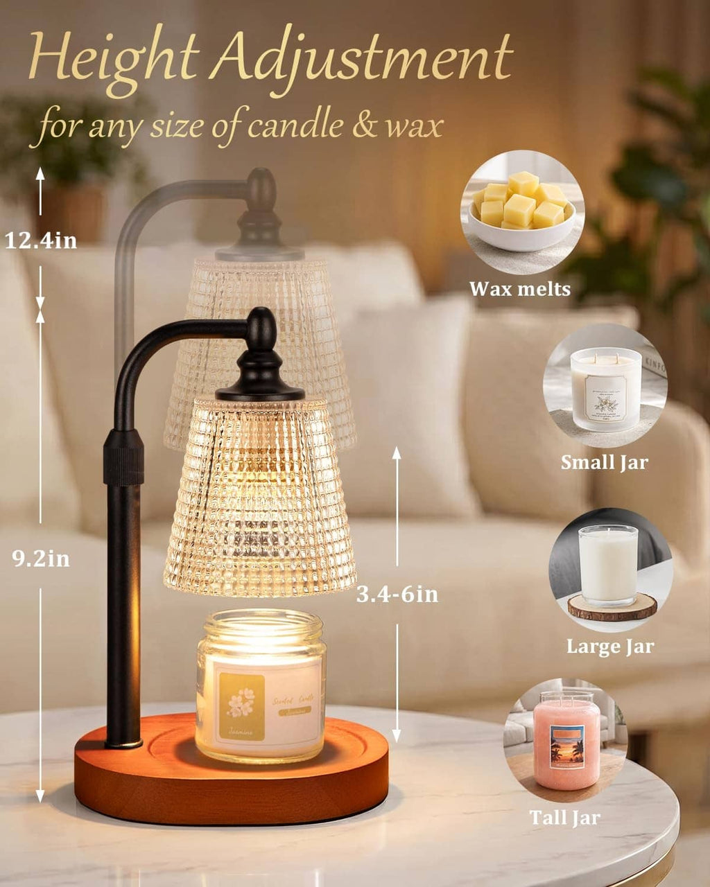 Candle warmer lamp with adjustable height stand on walnut base beside candle jars