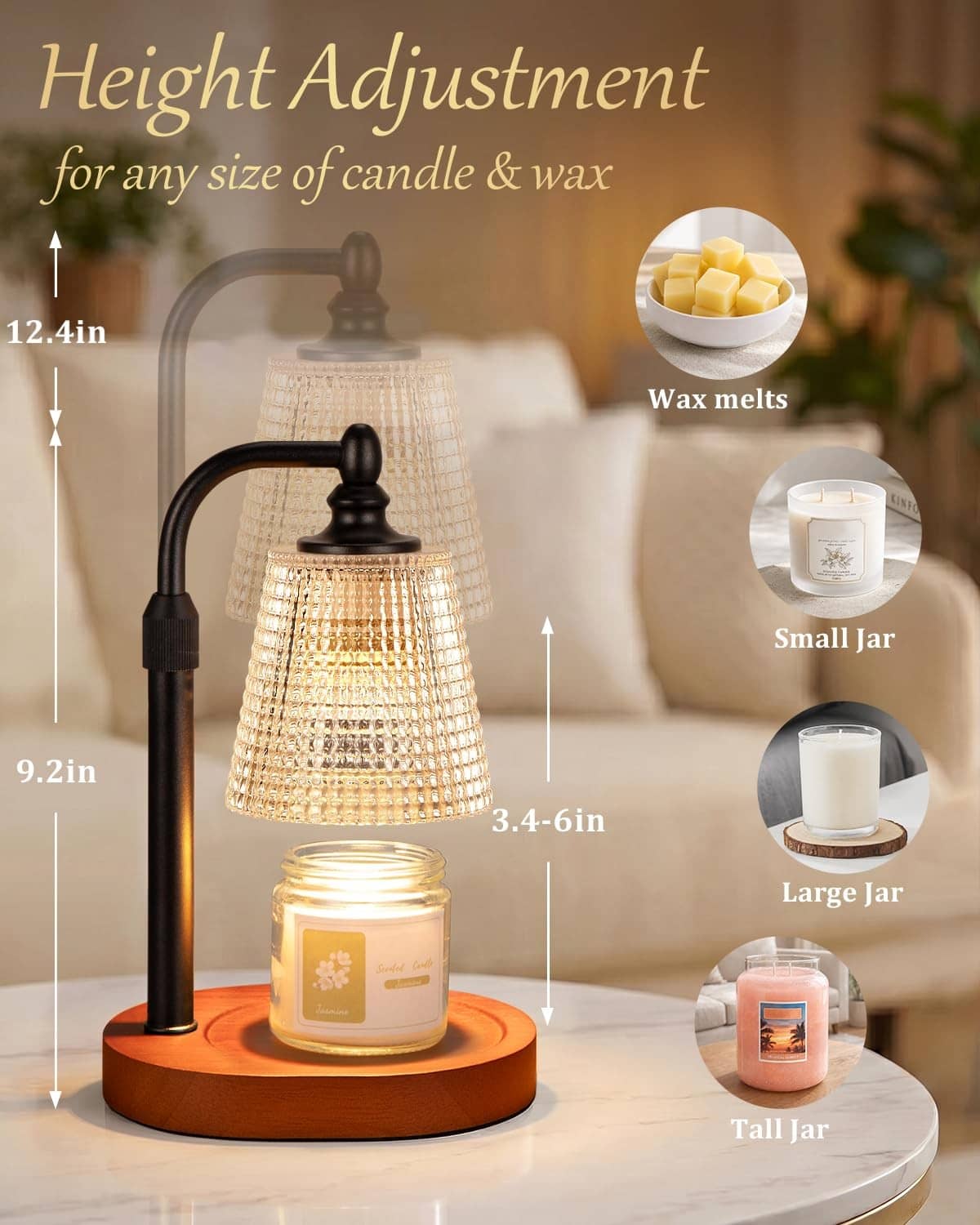 Candle warmer lamp with adjustable height stand on walnut base beside candle jars