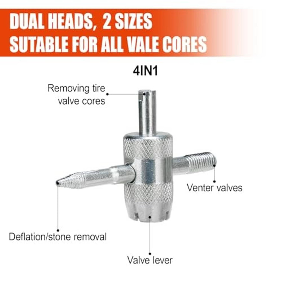Silver valve core wrench with handle and pointed tip for removing tire valve cores