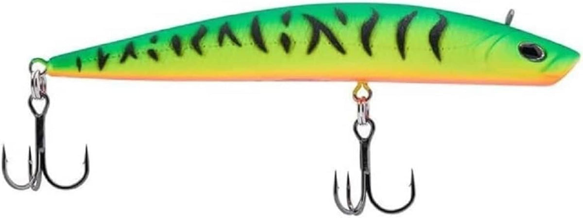 Green and yellow firetiger fishing lure with two treble hooks and split rings