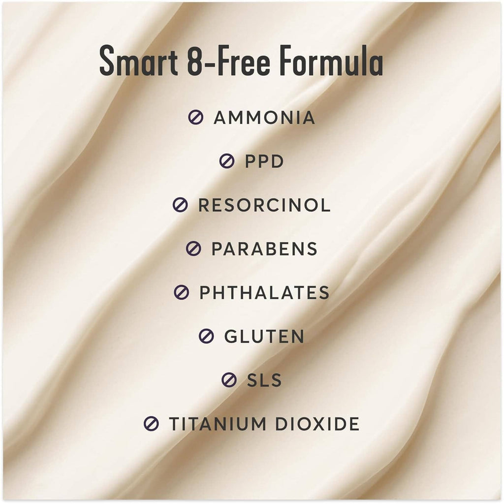 Smart 8-free formula graphic listing hair color ingredients and exclusions on cream.
