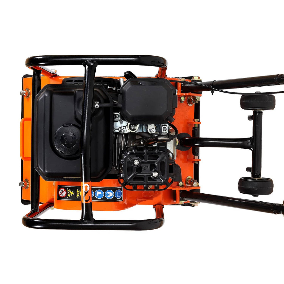 Orange and black plate compactor showing exposed engine and control housing