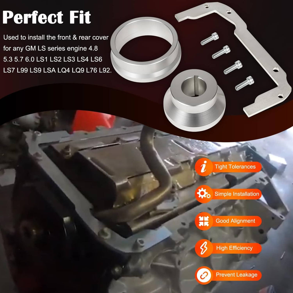 Billet alignment tool pieces: two silver rings and bolt hardware for engine cover
