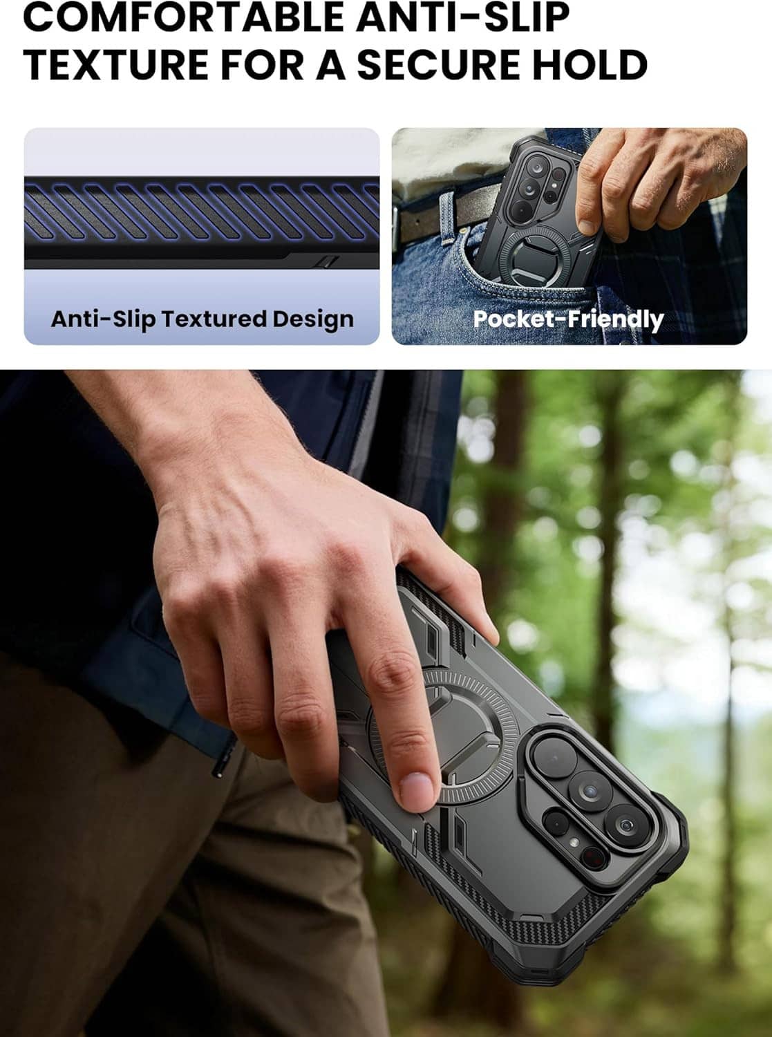 Rugged black case with anti-slip texture and secure grip for Galaxy S26 Ultra