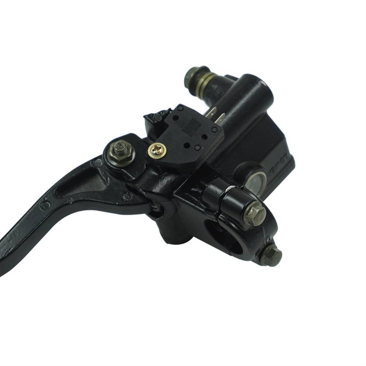 Black front brake lever assembly with master cylinder body and hydraulic fitting