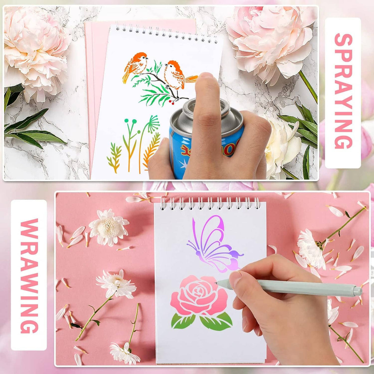 Stencil cards featuring bird, rose, and butterfly designs on white sheets