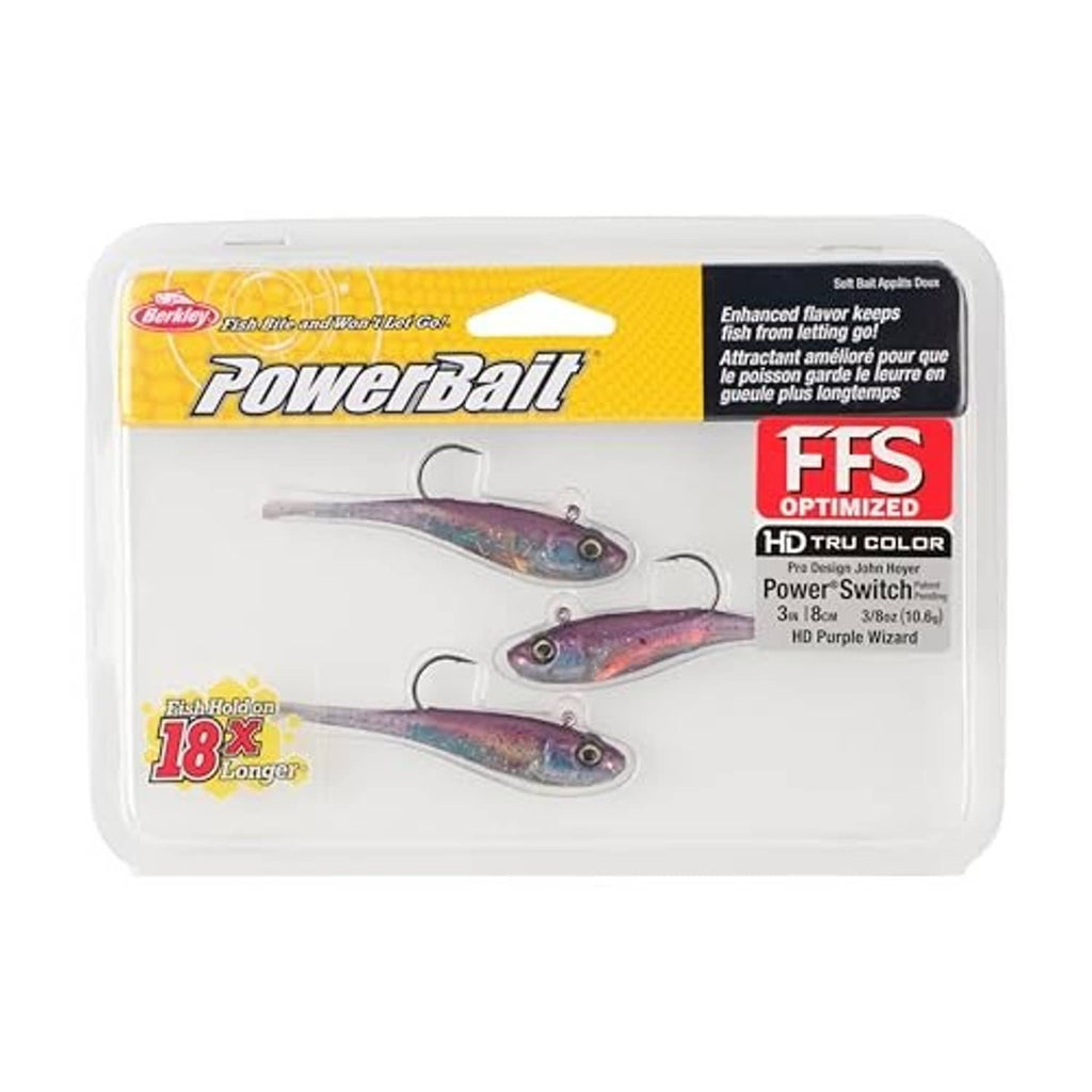Berkley Powerbait Power Switch 3in HD Purple Wizard soft baits in package
