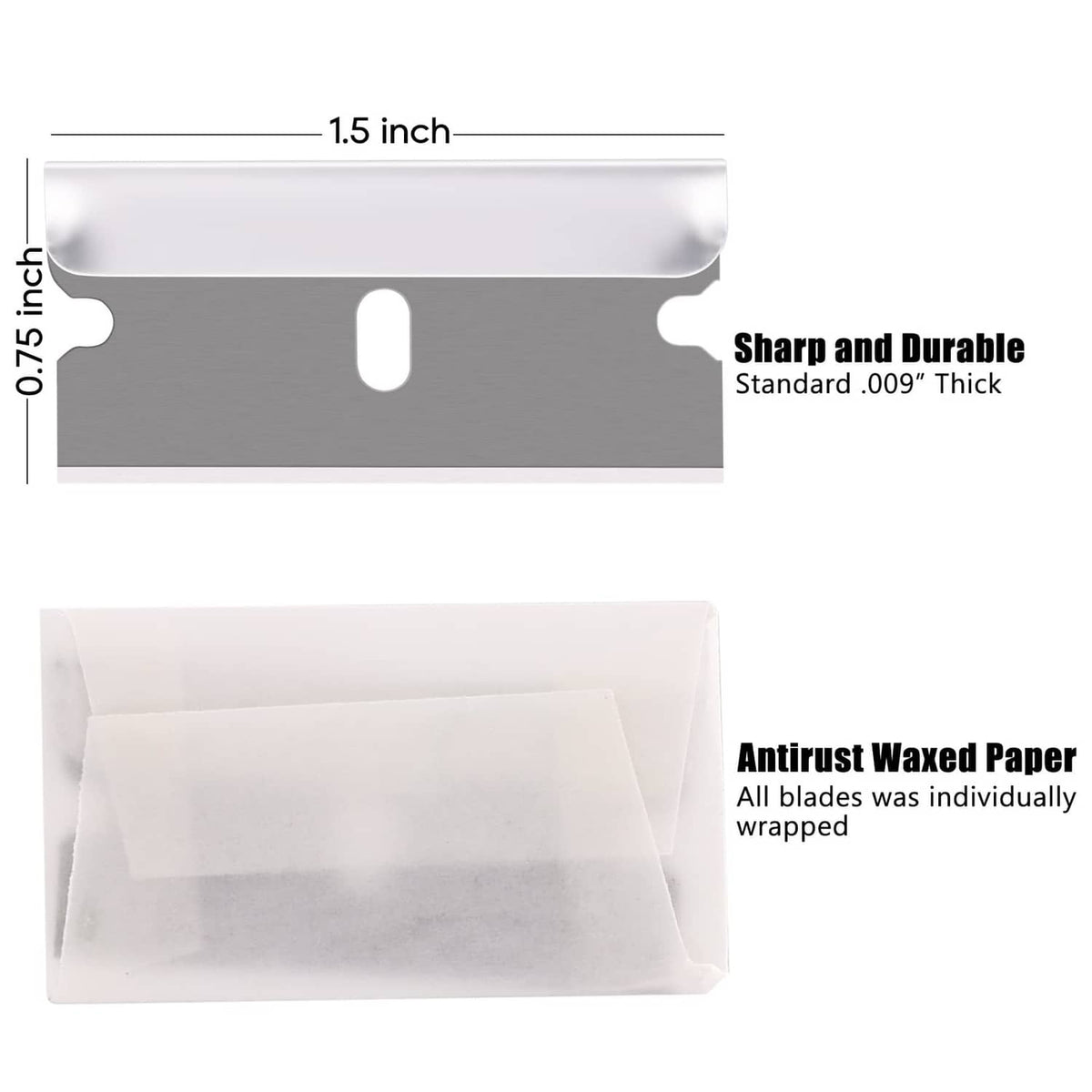 Single-edge razor blade with protective waxed paper wrap and 1.5-inch size