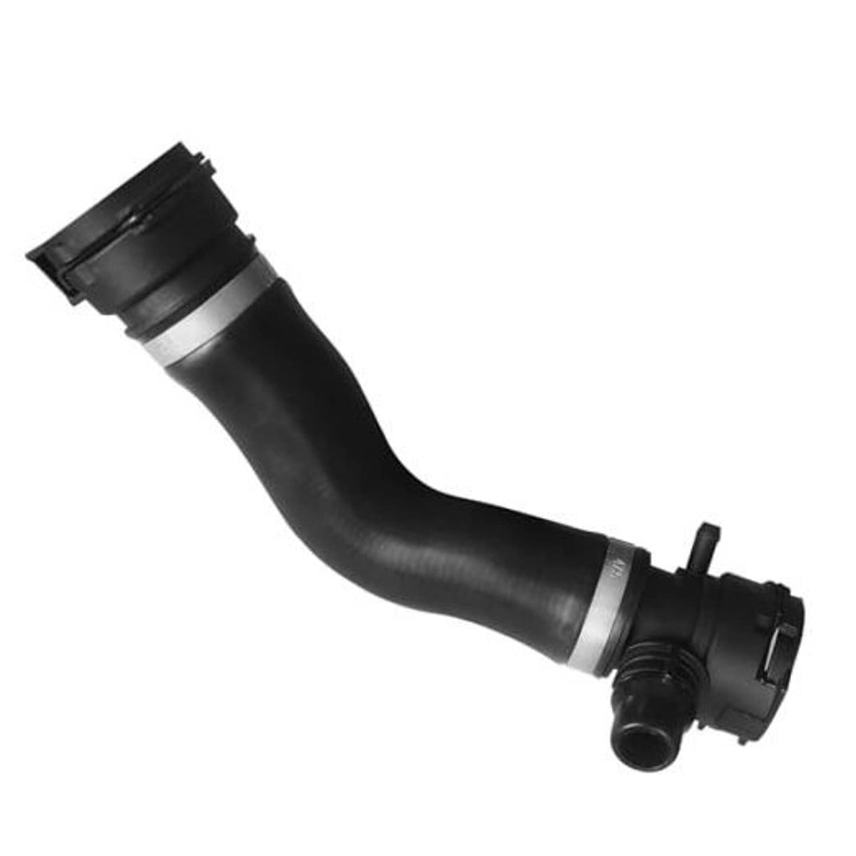 Black coolant hose with ribbed coupler fittings, upper radiator pipe section