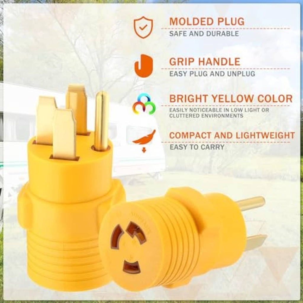 Yellow adapter plug with molded plug, grip handle, and feature graphic callouts