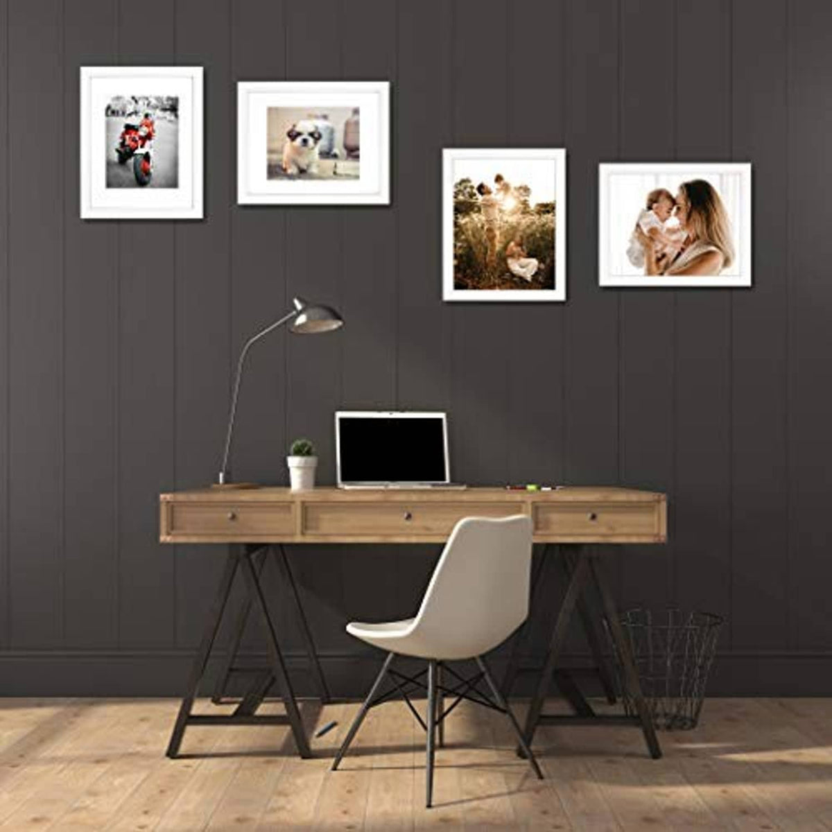 Set of 2 white wood photo frames with real glass, red motorcycle photo on wall display