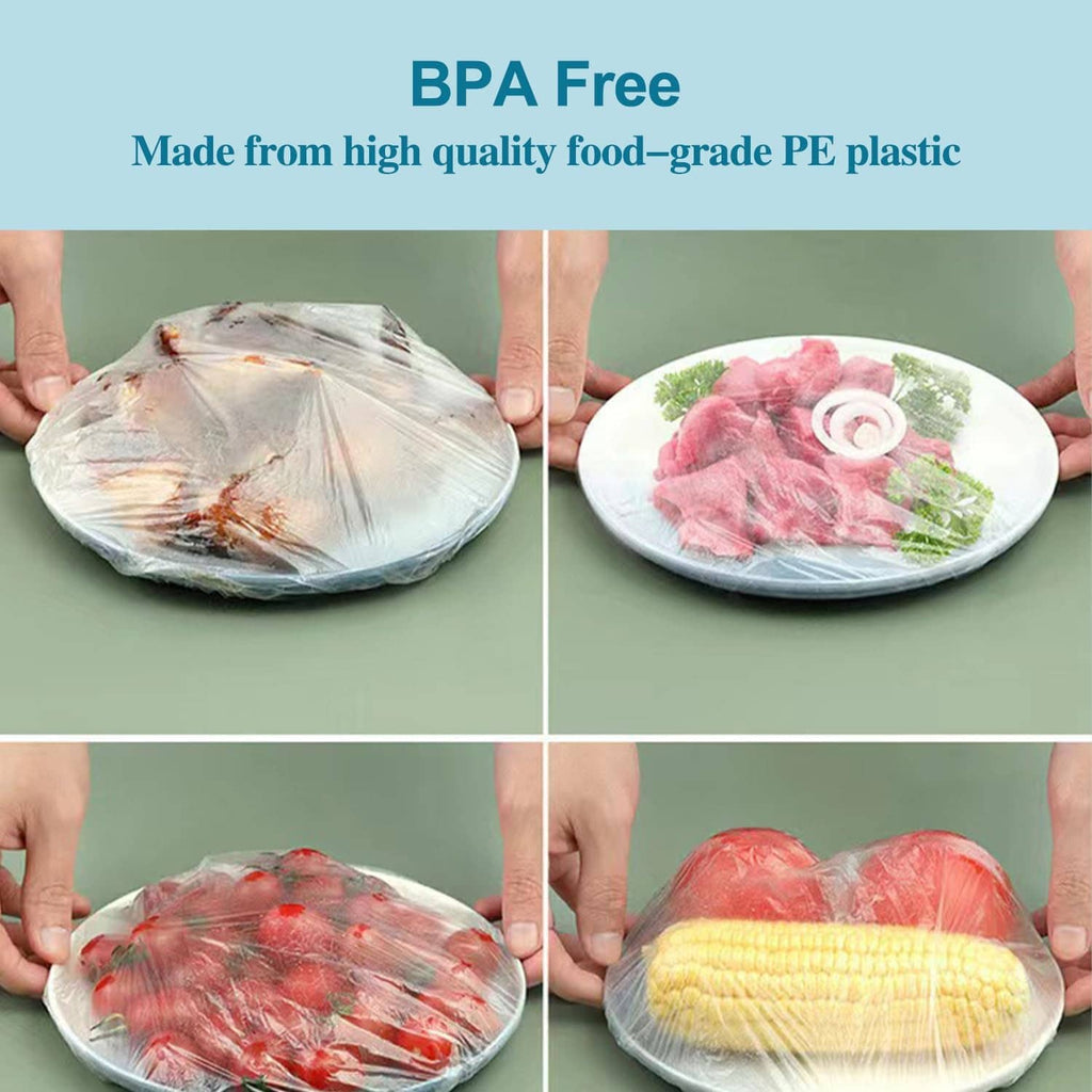 Clear plastic elastic food cover stretched over bowls with produce and meat