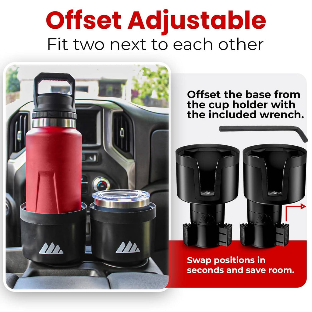 Black adjustable offset car cup holder expander with wrench attachment