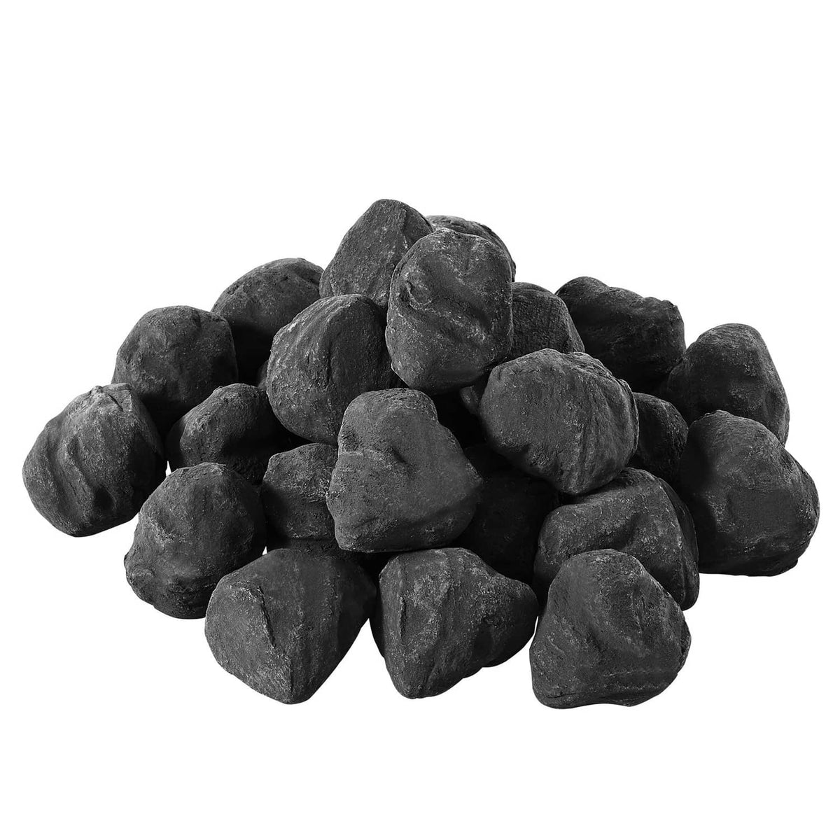Black rounded lava rocks fire pit stones, single pile on a plain background