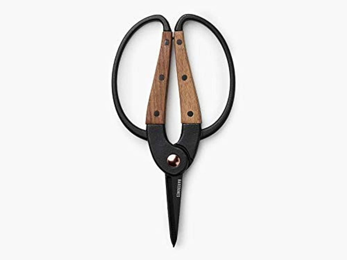 Small garden shears with black pivot head, wooden grips, and two pointed blades.