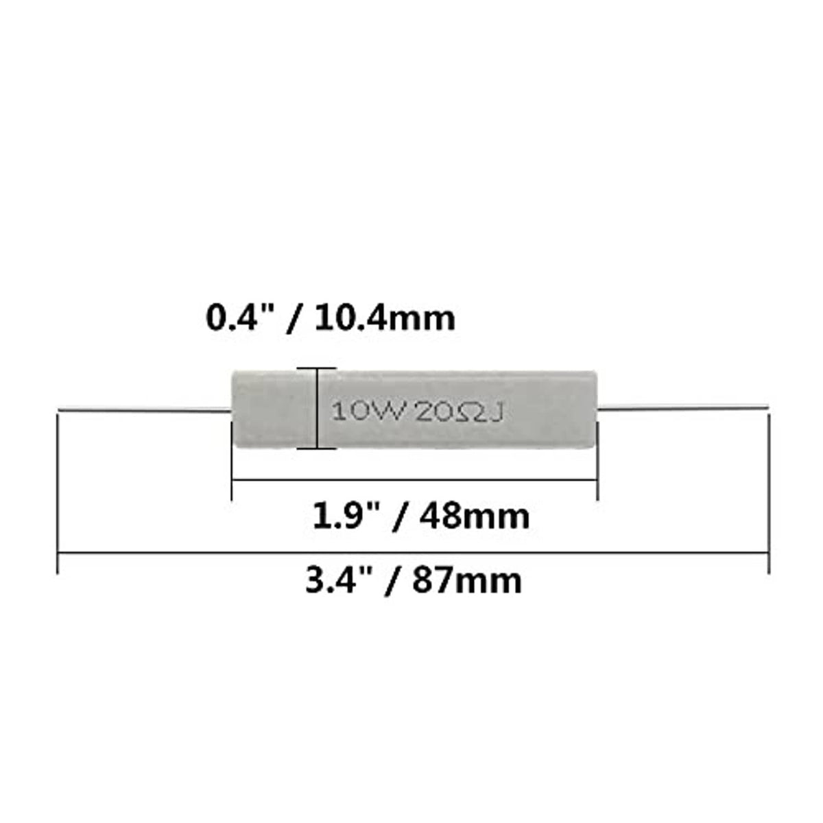 Ceramic power resistor with leads, 10W 20 ohm, 87mm long