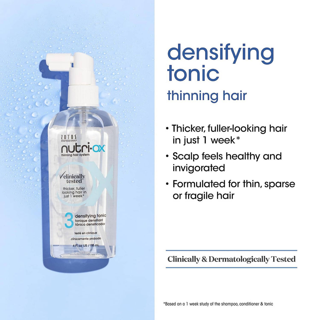 Densifying tonic spray bottle with pump, thinning-hair label and benefits panel