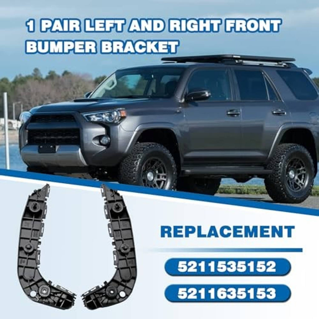 Left and right front bumper brackets shown with a vehicle, black plastic replacement parts