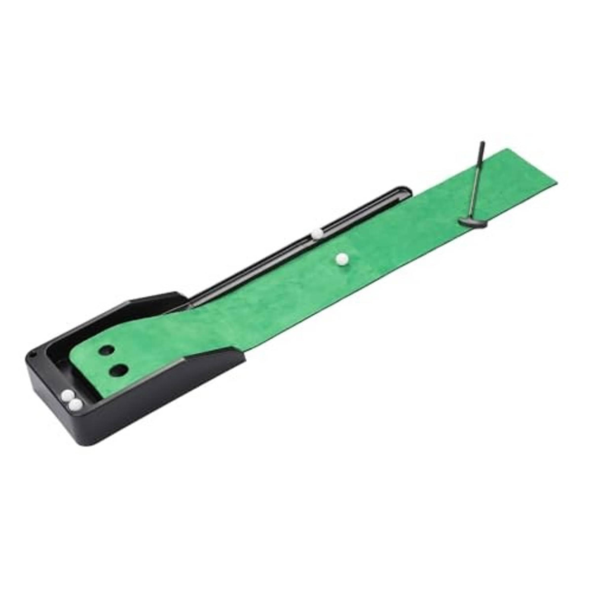 Automatic return putting mat with green playing surface, two steel return gates