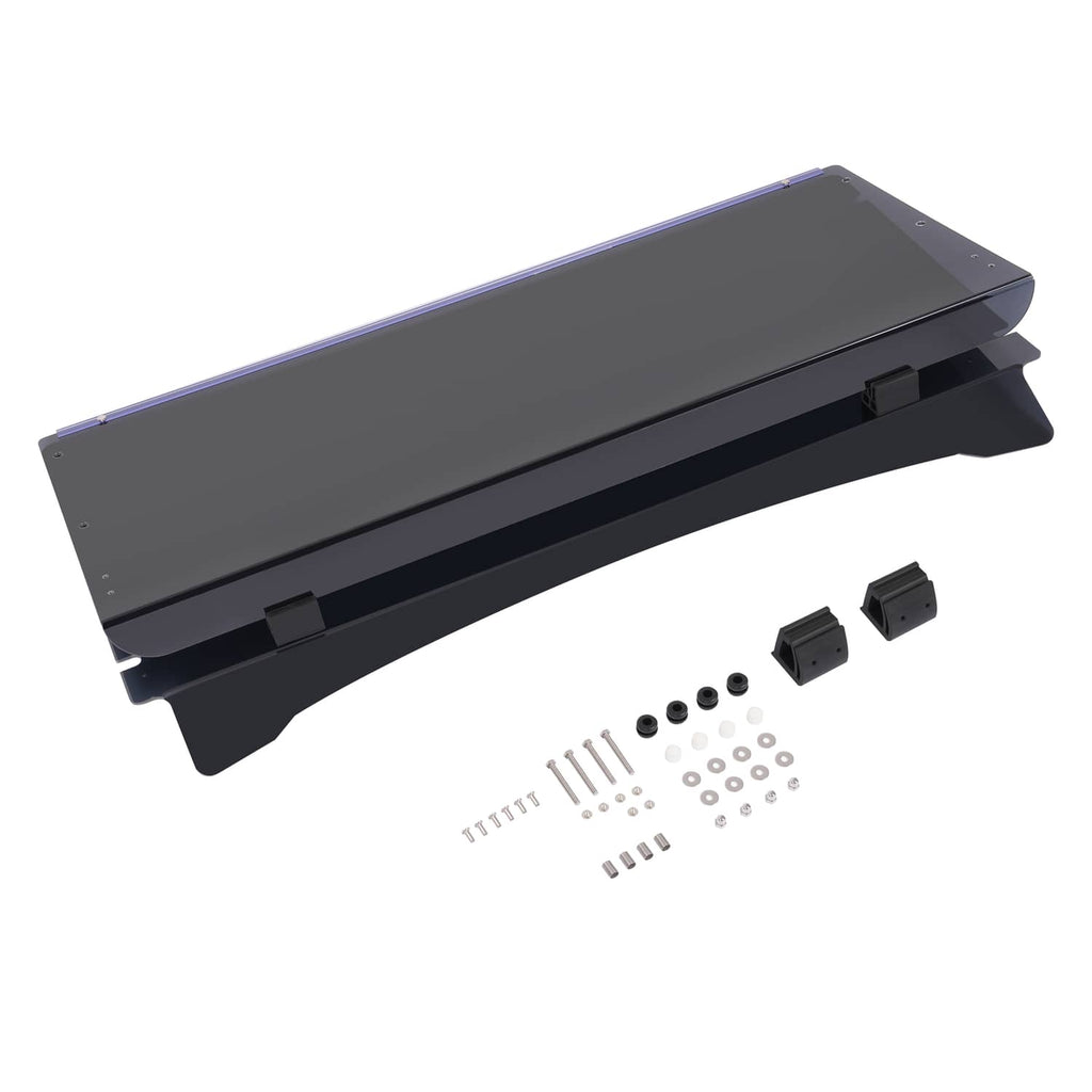 Tinted fold-down flip windscreen panel with installation kit pieces and screws