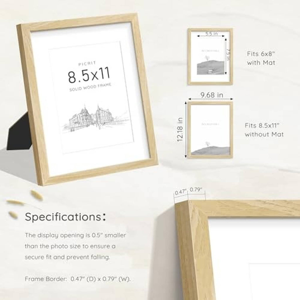 Natural oak 8.5x11 solid wood frame with size details for with and without mat options.